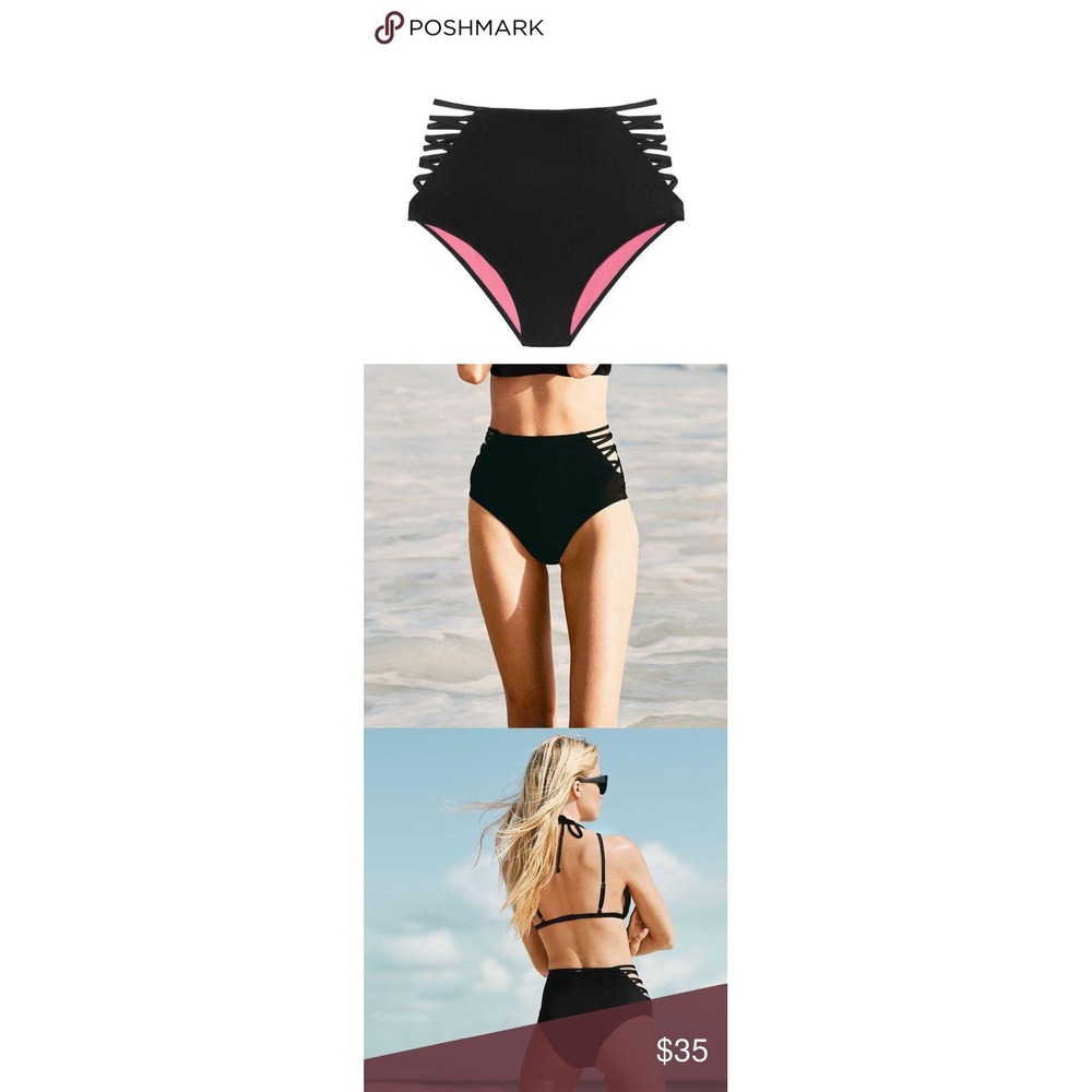 S VICTORIAS SECRET criss cross open hip high rise black pink lined bikini bottom